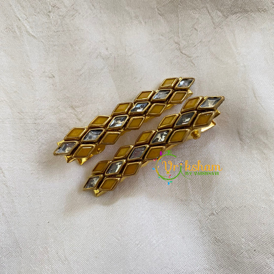 Kundan Hair Clip-gold yellow White-Dice-H306