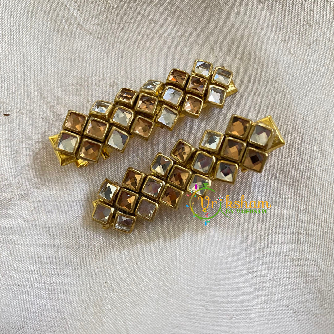 Kundan Hair Clip-gold Brown White- V-H333