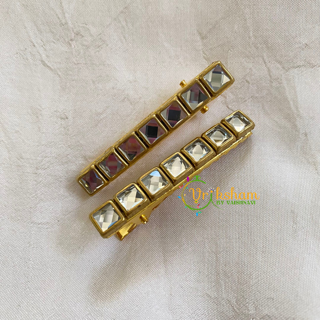 Kundan Hair Clip-gold-White Squares-H300