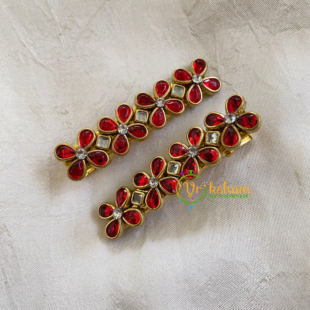 Kundan Hair Clip-gold Red Flower-H315