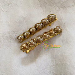 Kundan Hair Clip-gold Pearl Hearts-H331