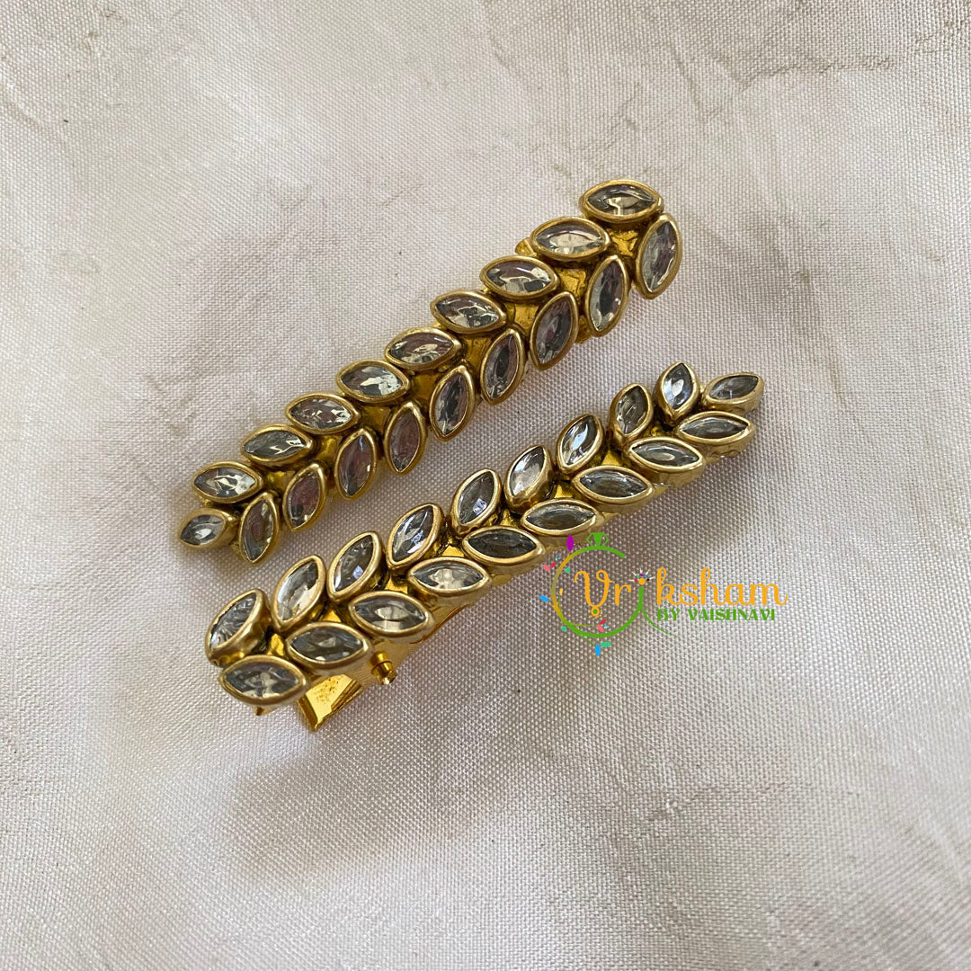 Kundan Hair Clip-gold-White Leaf-H330