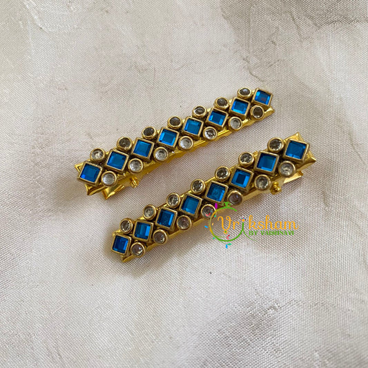 Kundan Hair Clip-Gold-Blue Dice Dots-H329