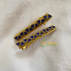 Kundan Hair Clip-gold-Blue Triangles-H342