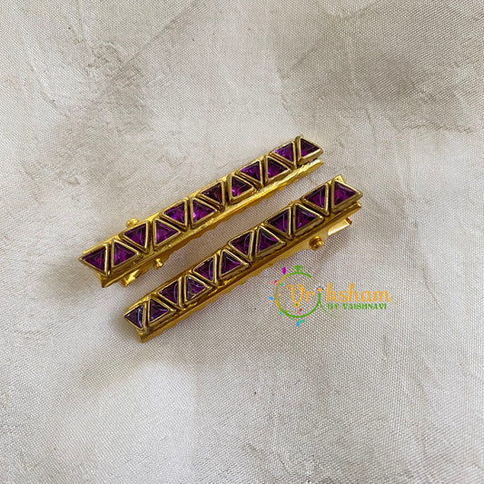 Kundan Hair Clip-gold Purple Triangles-H343