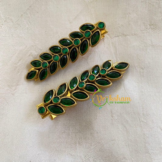 Kundan Hair Clip-Gold Green Leaf -H328