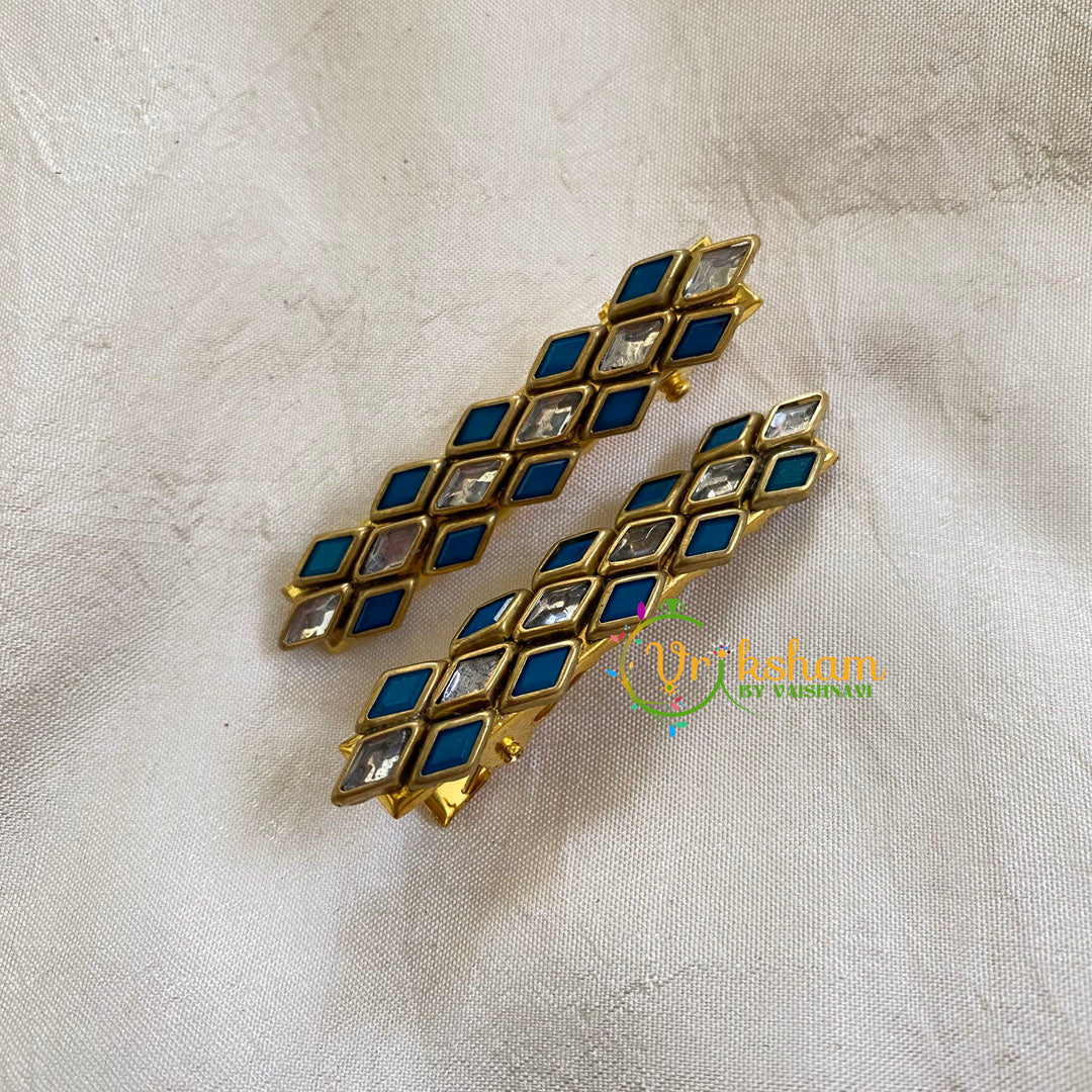 Kundan Hair Clip-MS Blue and White-Dice-H305