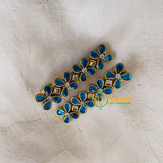 Kundan Hair Clip-gold Aqua Blue Flower-H323