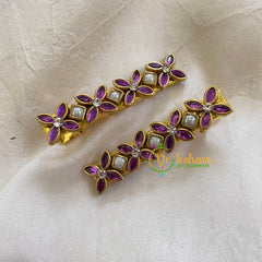 Kundan Hair Clip-gold Purple Flower-H313