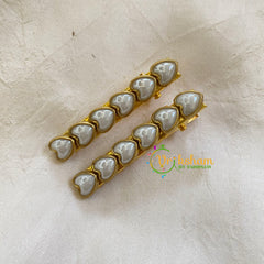 Kundan Hair Clip-gold-Pearl Hearts-H326