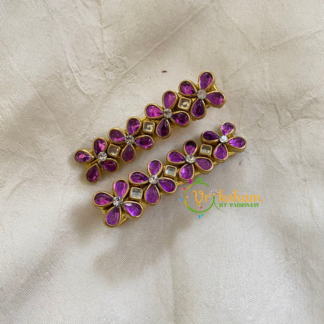 Kundan Hair Clip-gold-Purple Flower-H312