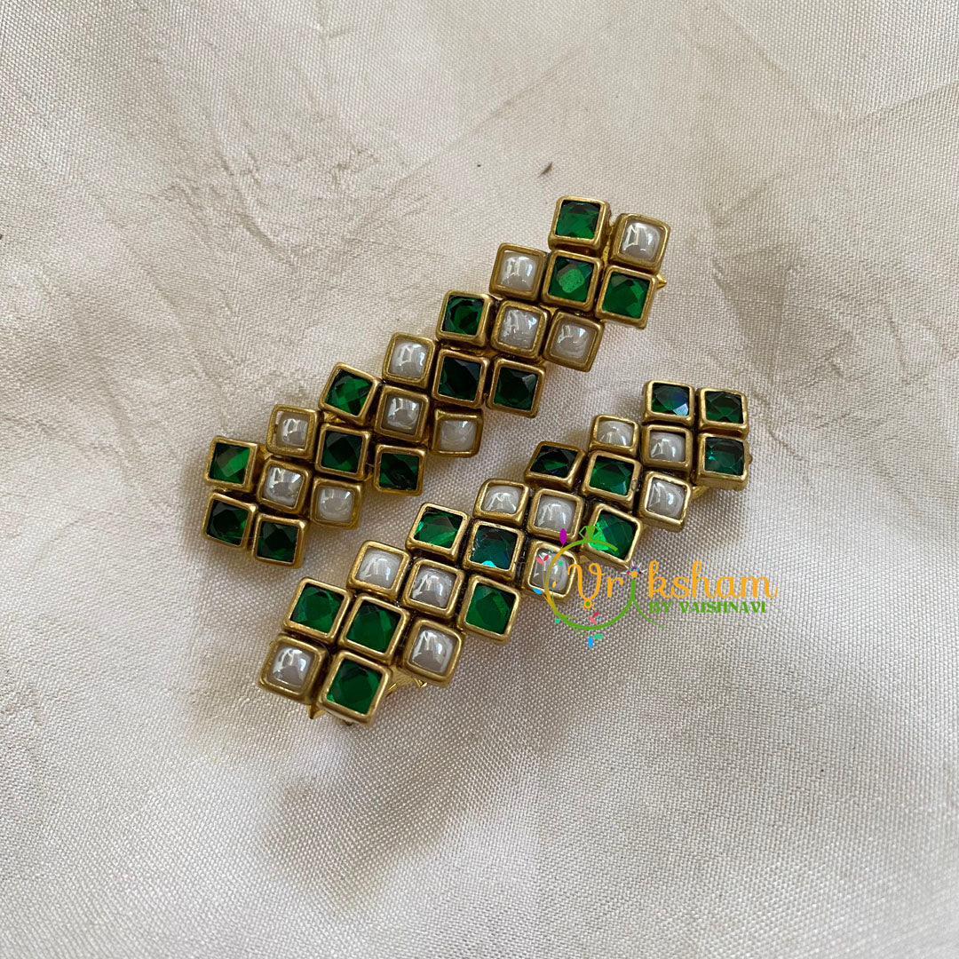 Kundan Hair Clip-gold-Green White-V-H325