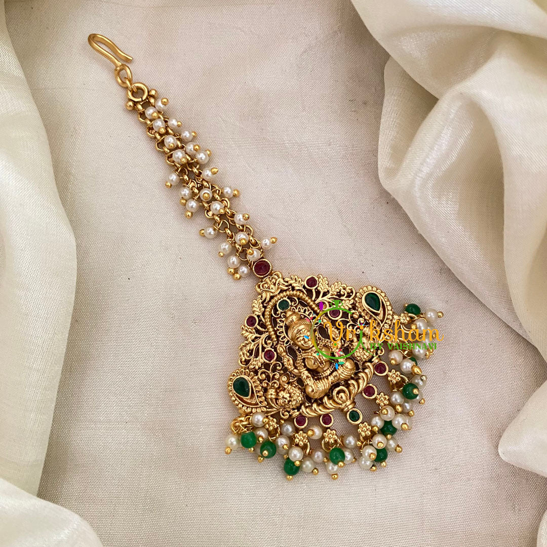 Cluster Pearl Lakshmi Maang Tikka -Green Bead and Pearls-G8776