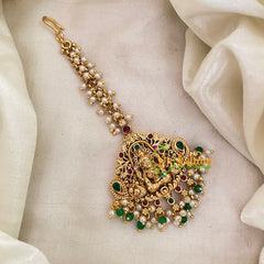 Cluster Pearl Lakshmi Maang Tikka -Green Bead and Pearls-G8776