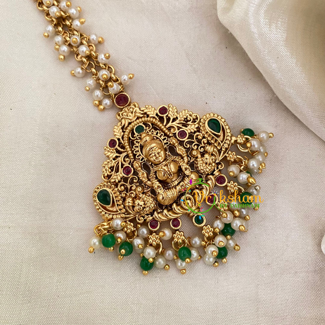 Cluster Pearl Lakshmi Maang Tikka -Green Bead and Pearls-G8776