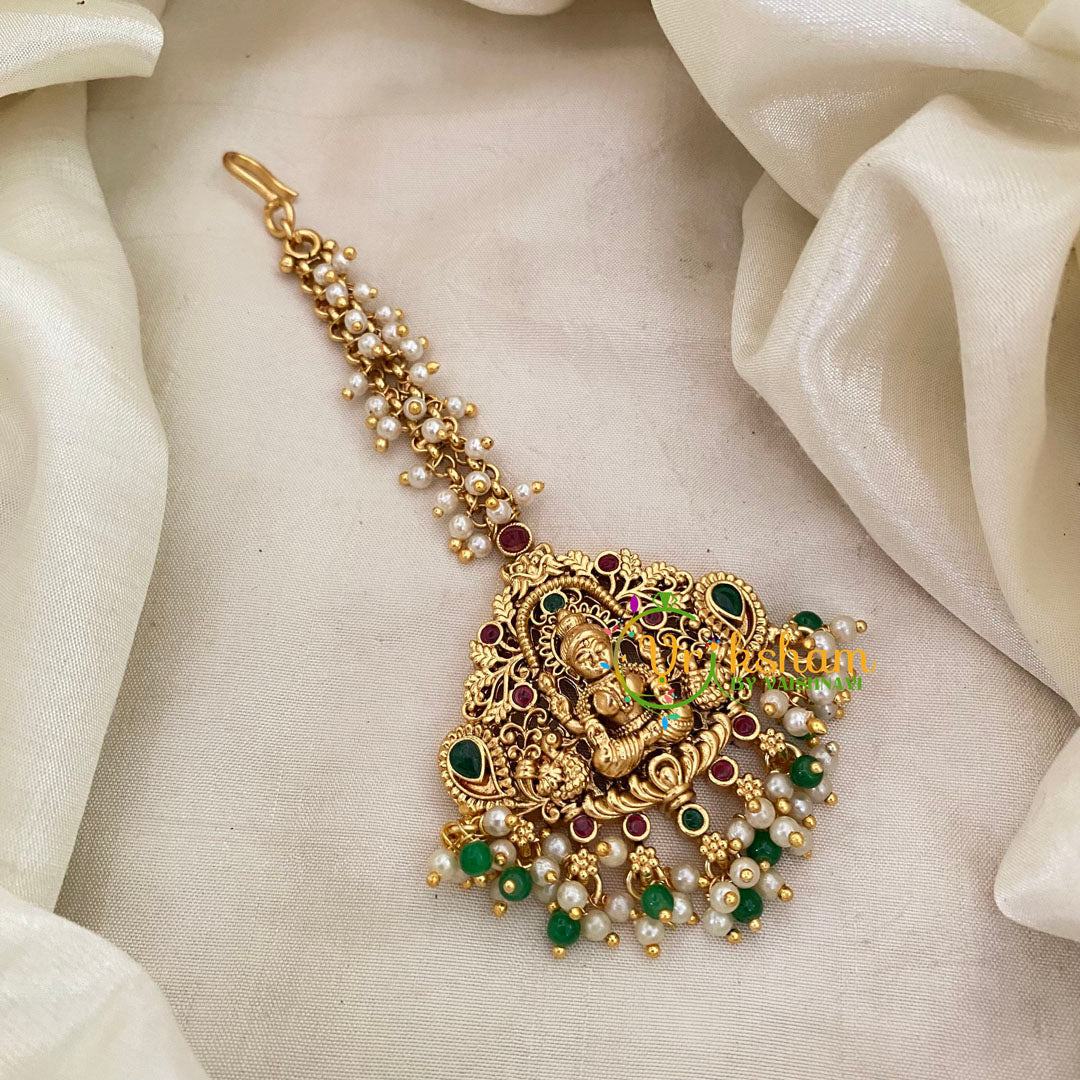 Cluster Pearl Lakshmi Maang Tikka -Green Bead and Pearls-G8776