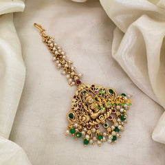 Cluster Pearl Lakshmi Maang Tikka -Green Bead and Pearls-G8776
