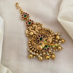 Premium AD Stone Short Maang Tikka-Peacocks-Gold Bead and Pearl -G8769
