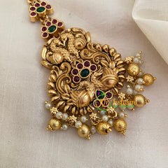 Premium AD Stone Short Maang Tikka-Peacocks-Gold Bead and Pearl -G8769
