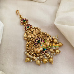 Premium AD Stone Short Maang Tikka-Peacocks-Gold Bead and Pearl -G8769
