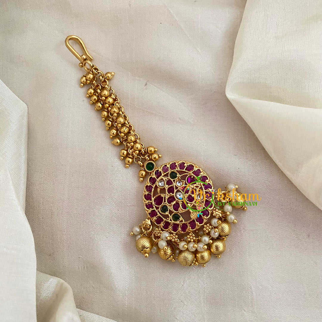 Premium Cluster Ghungroo Maang Tikka -Round Peacock-Gold Bead and Pearl-G8785