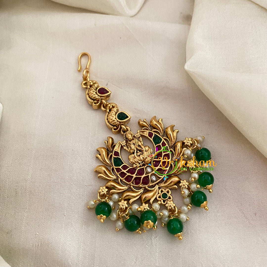 Premium Lakshmi Short Maang Tikka -Green Bead-G8772