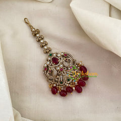 Victorian Diamond Maang Tikka -Dual Peacock-Red Bead-VV625