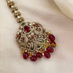 Victorian Diamond Maang Tikka -Dual Peacock-Red Bead-VV625