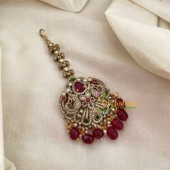 Victorian Diamond Maang Tikka -Dual Peacock-Red Bead-VV625