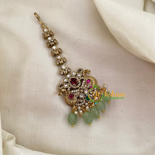 Victorian Diamond Maang Tikka -Dual Peacock-Pastel Green Bead-VV627