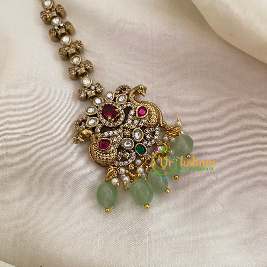 Victorian Diamond Maang Tikka -Dual Peacock-Pastel Green Bead-VV627