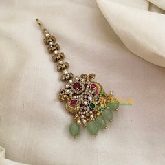 Victorian Diamond Maang Tikka -Dual Peacock-Pastel Green Bead-VV627