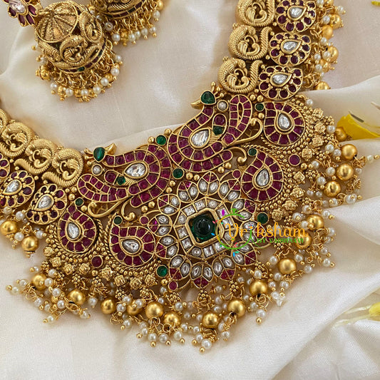 Exquisite Precious AD Stone Short Neckpiece-Gold and Pearl-G5456