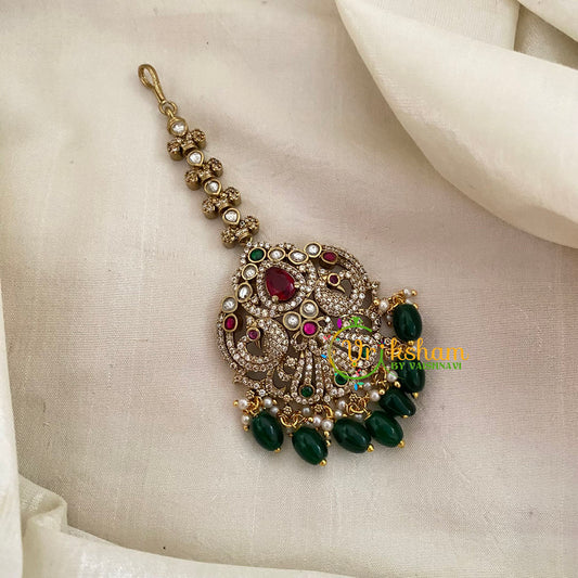 Victorian Diamond Maang Tikka -Dual Peacock-Green Bead-VV629