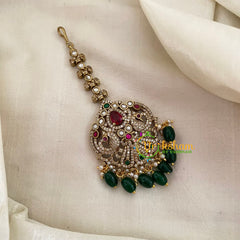 Victorian Diamond Maang Tikka -Dual Peacock-Green Bead-VV629