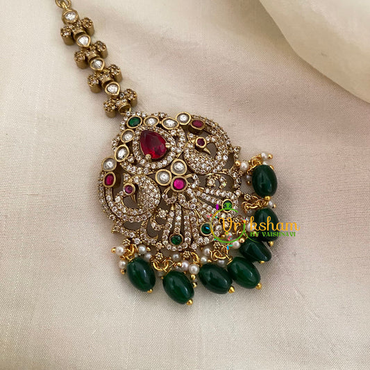 Victorian Diamond Maang Tikka -Dual Peacock-Green Bead-VV629