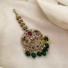 Victorian Diamond Maang Tikka -Dual Peacock-Green Bead-VV629