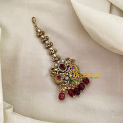 Victorian Diamond Maang Tikka -Dual Peacock-Red Bead-VV630