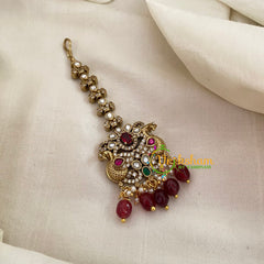 Victorian Diamond Maang Tikka -Dual Peacock-Red Bead-VV630