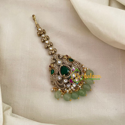 Victorian Diamond Maang Tikka -Green-Pastel Green Bead-VV631