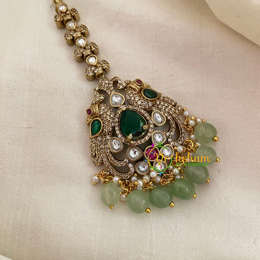 Victorian Diamond Maang Tikka -Green-Pastel Green Bead-VV631