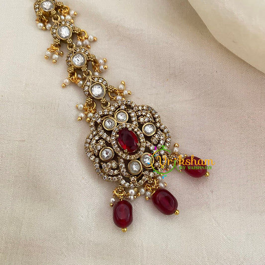 Victorian Diamond Maang Tikka -Red-Red Bead-VV632