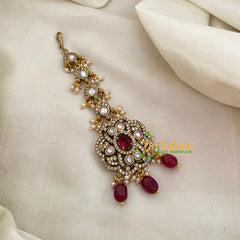 Victorian Diamond Maang Tikka -Red-Red Bead-VV632