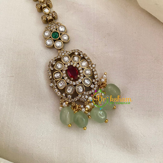 Victorian Diamond Maang Tikka -Pastel Green Bead-VV633