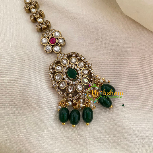 Victorian Diamond Maang Tikka -Green-Green Bead-VV634