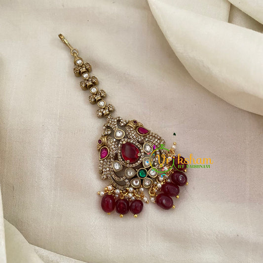 Victorian Diamond Maang Tikka -Red Bead-VV635