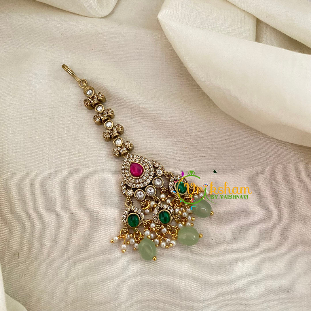 Victorian Diamond Maang Tikka -Tilak-Pastel Green Bead-VV636