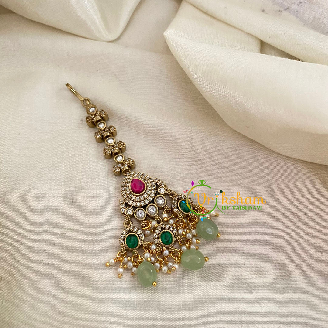 Victorian Diamond Maang Tikka -Tilak-Pastel Green Bead-VV636