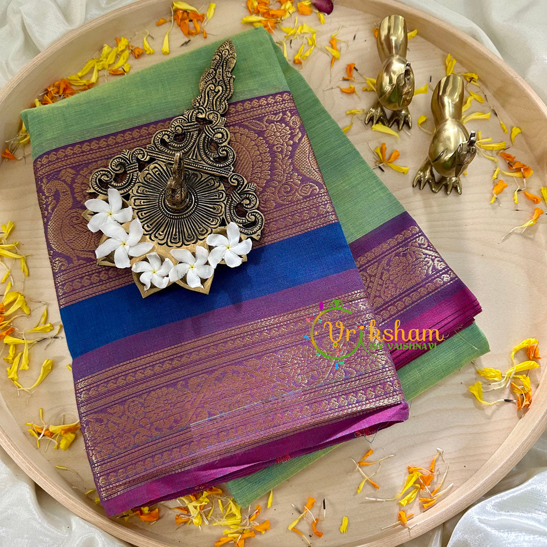 Pista Green with Purple Border Kanchi Cotton Saree- Handloom -VS1152