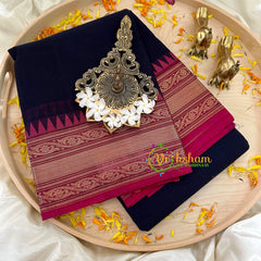 Dark Blue with Pink Border Kanchi Cotton Saree - Handloom -VS1148